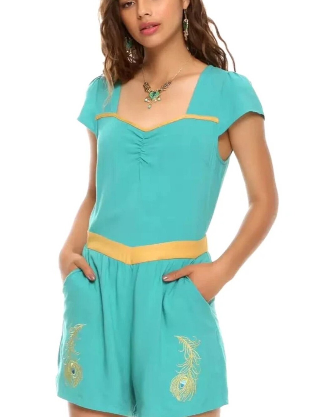 Her Universe Disney Aladdin Jasmine Romper 2X Teal Gold Peacock Cosplay Retro